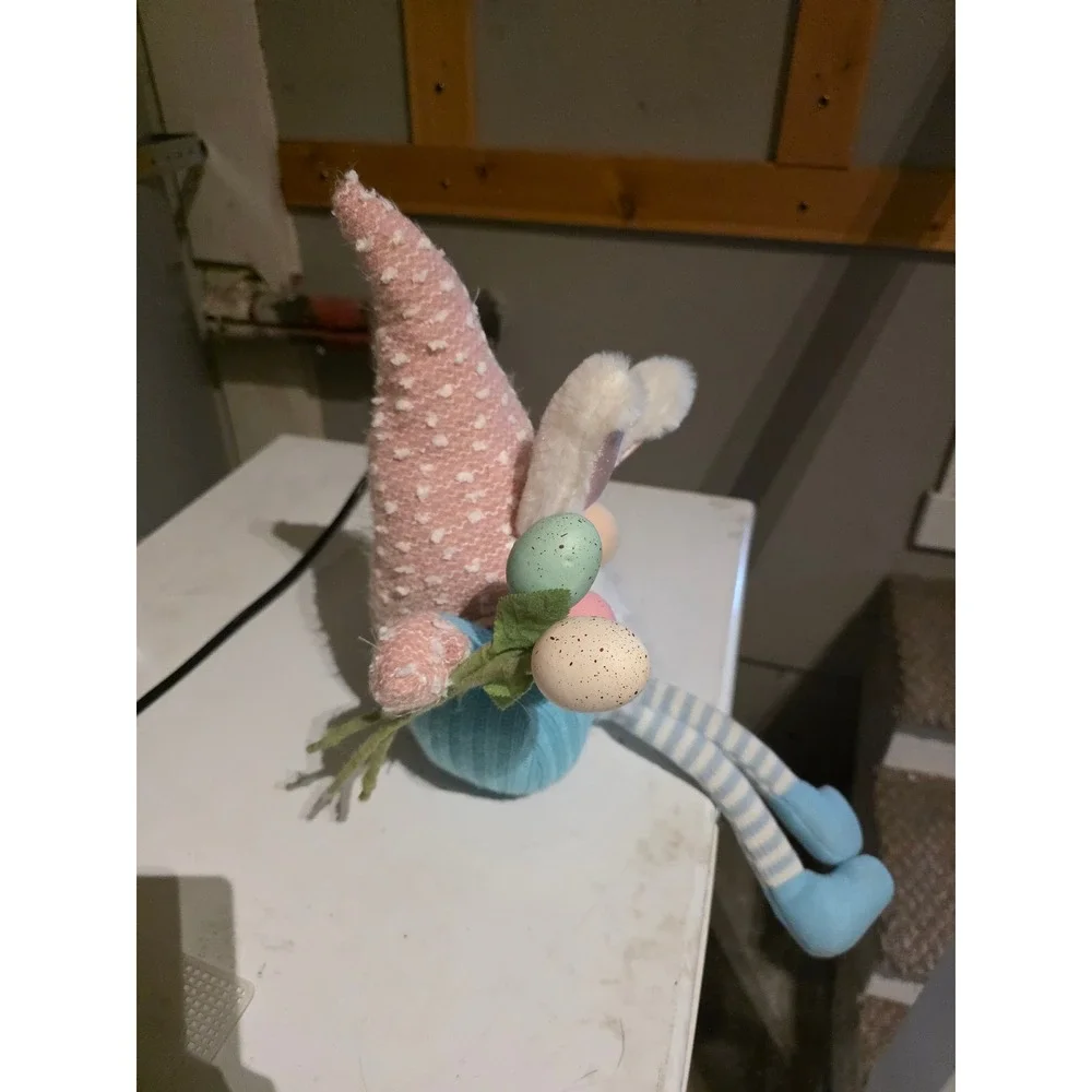 Easter Bunny Gnome Plush Shelf Sitter Pink Blue Striped Legs Speckled Eggs - Picture 2 of 4